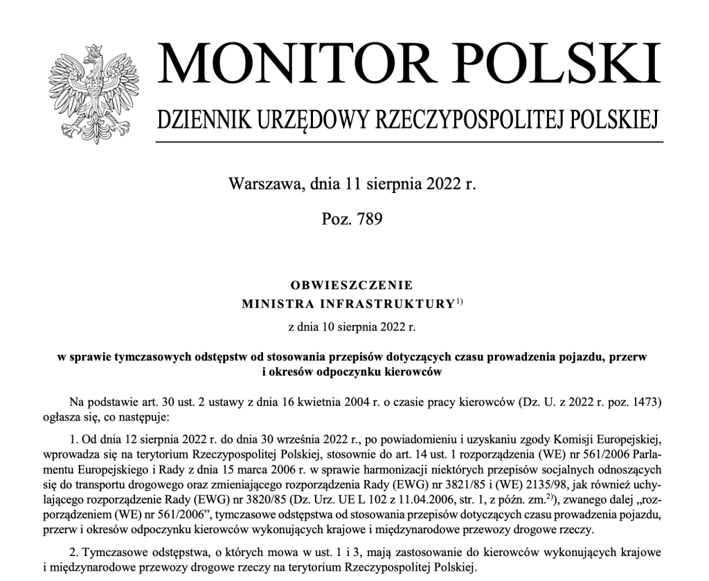 Tymczasowe odstępstwa od przepisów czasu pracy do 30.09.2022 roku na terenie&nbsp;Polski